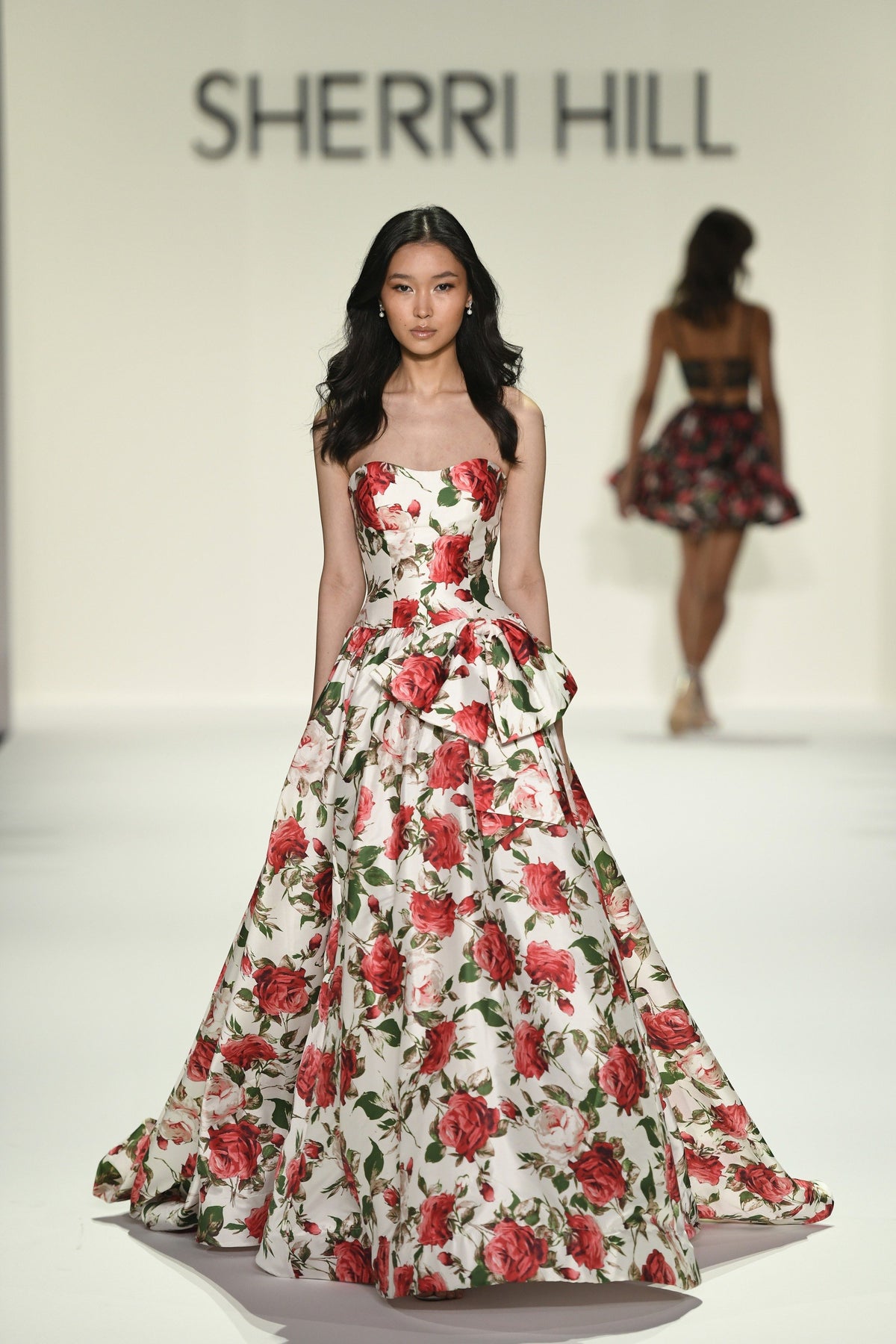 Sherri Hill 57724 strapless floral gown in ivory print