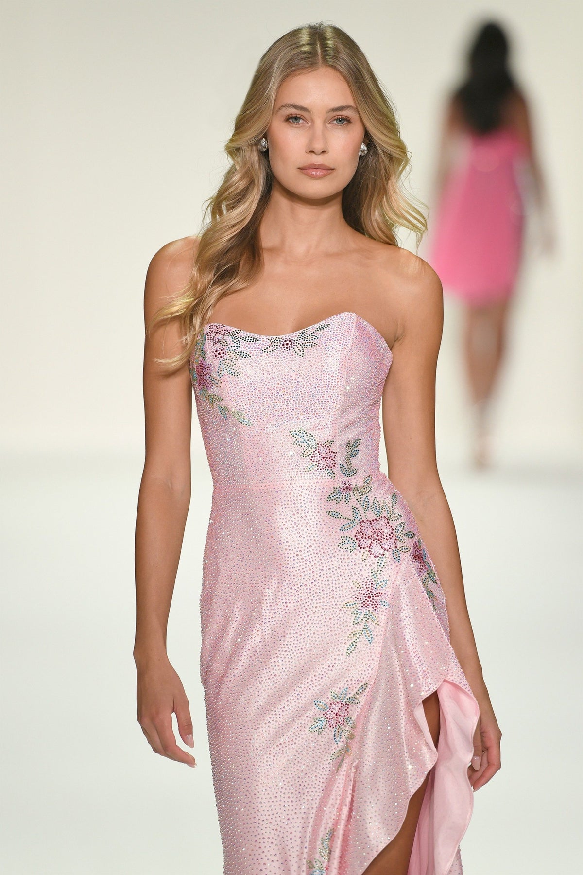 Sherri Hill 57984 strapless hot fix gown in pink with multi