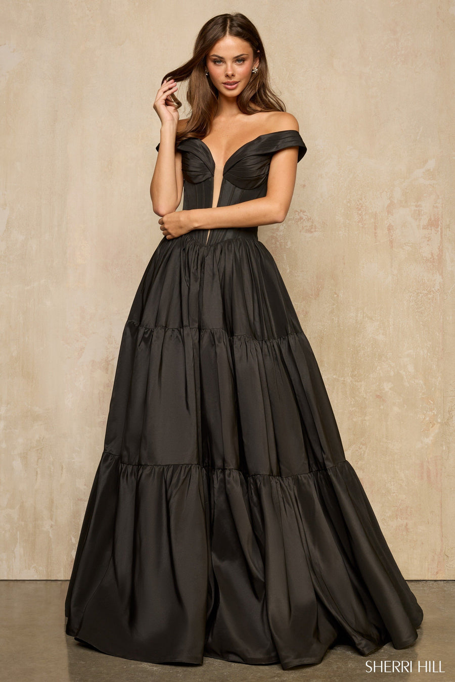 Sherri Hill style 57945 in purple, Off the Shoulder Ballgown