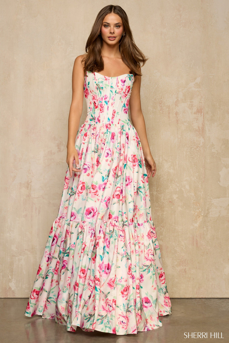 Sherri Hill style 57948 in ivory/multi print, Floral Print A-Line Gown with Tiered Skirt