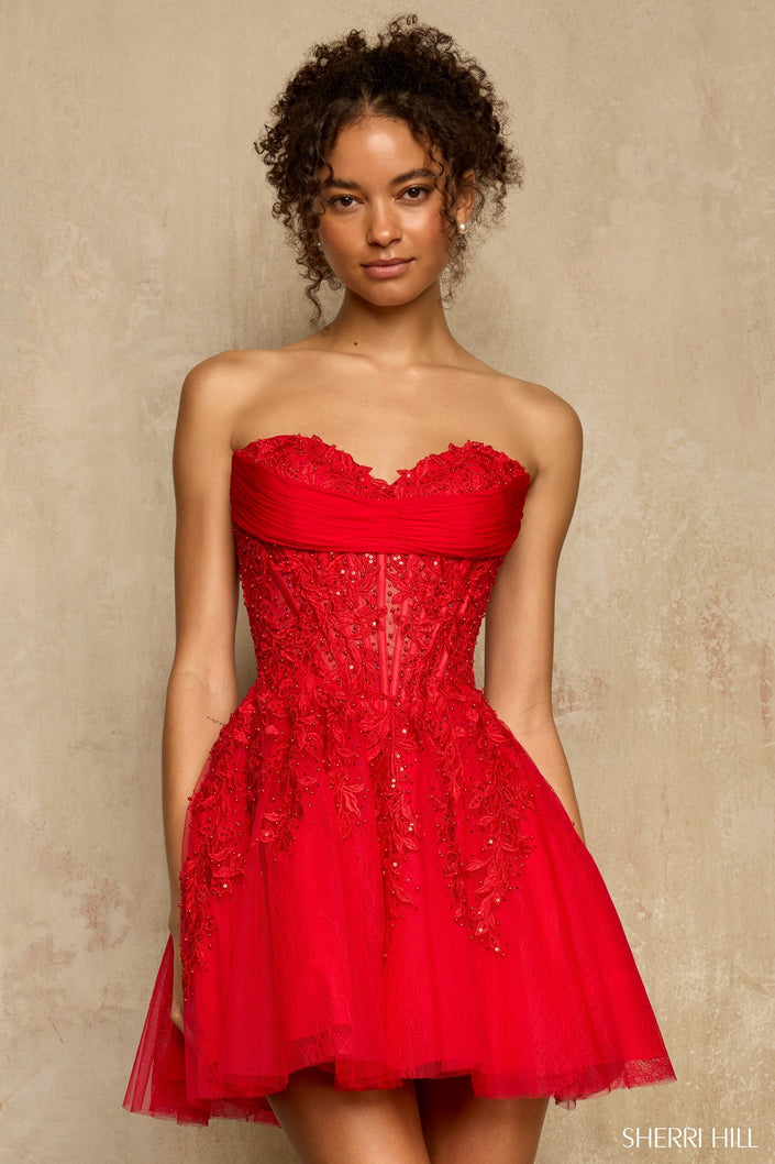 Sherri Hill 58116 strapless A-line leaf lace cocktail dress in red