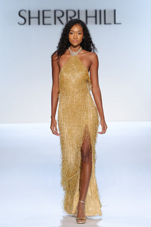 spring designer dresses Shop Sherri Hill 2027 Sequin Long Sleeve Plunge Color: Gold/Yellow Fashion Mirroring the sun Wood/Color:Maple/Dark Knight