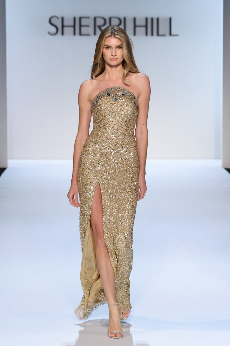 Sherri Hill style 58872 strapless sequin beaded gown with a Queen Anne neckline and a skirt slit