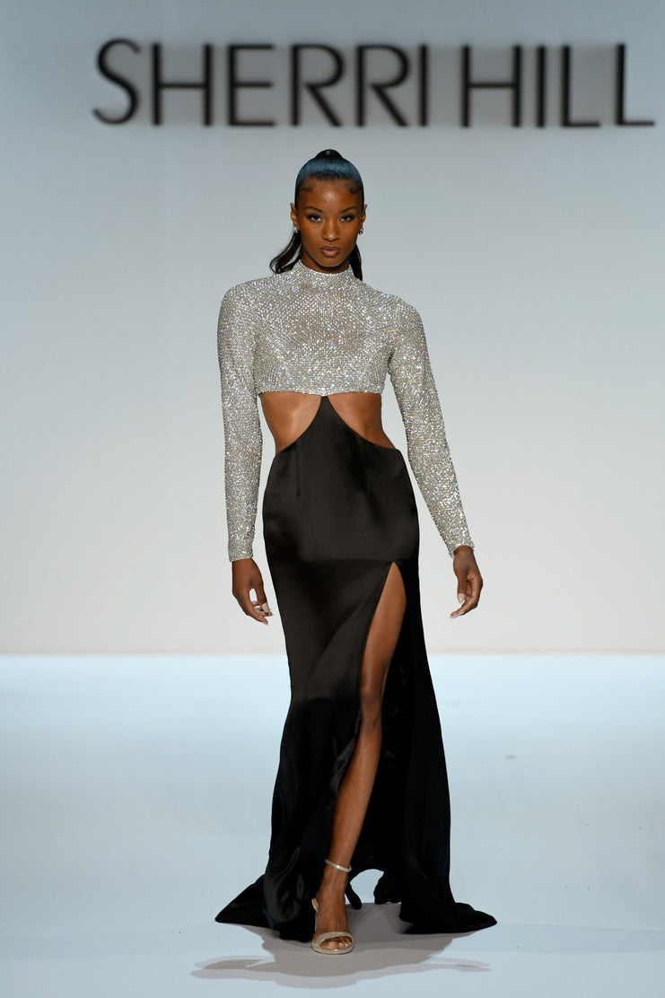 Sherri Hill style 46718 long sleeve halter couture gown in black with white