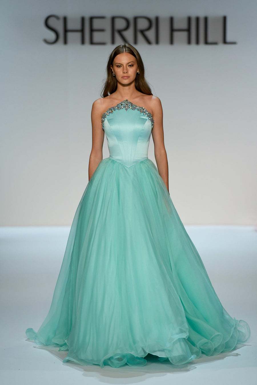 Sherri Hill style 46702 in seafoam, Strapless Queen Anne Couture Ballgown