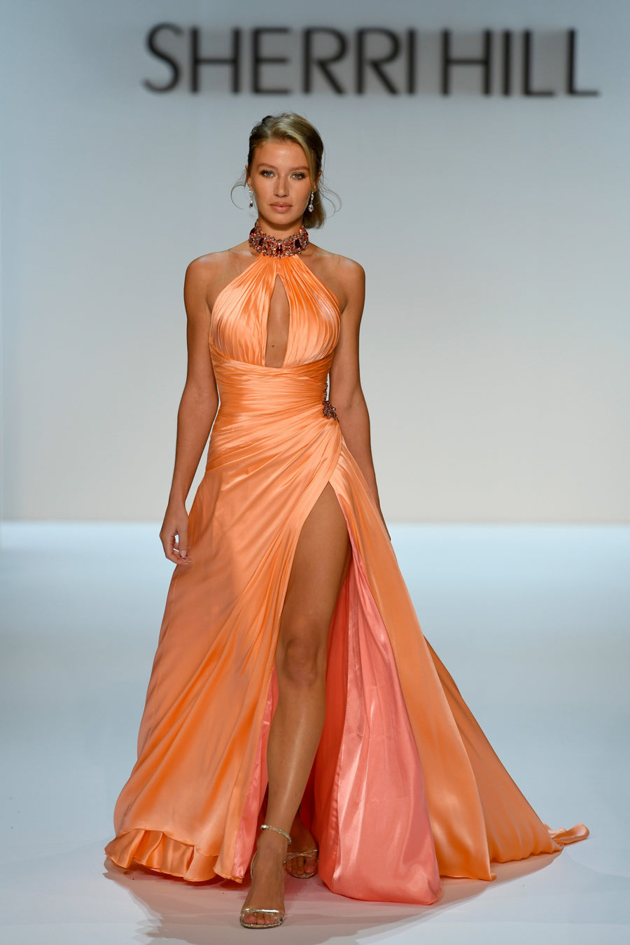 Sherri Hill style 46726 in coral, Halter A-Line Couture Gown with Keyhole