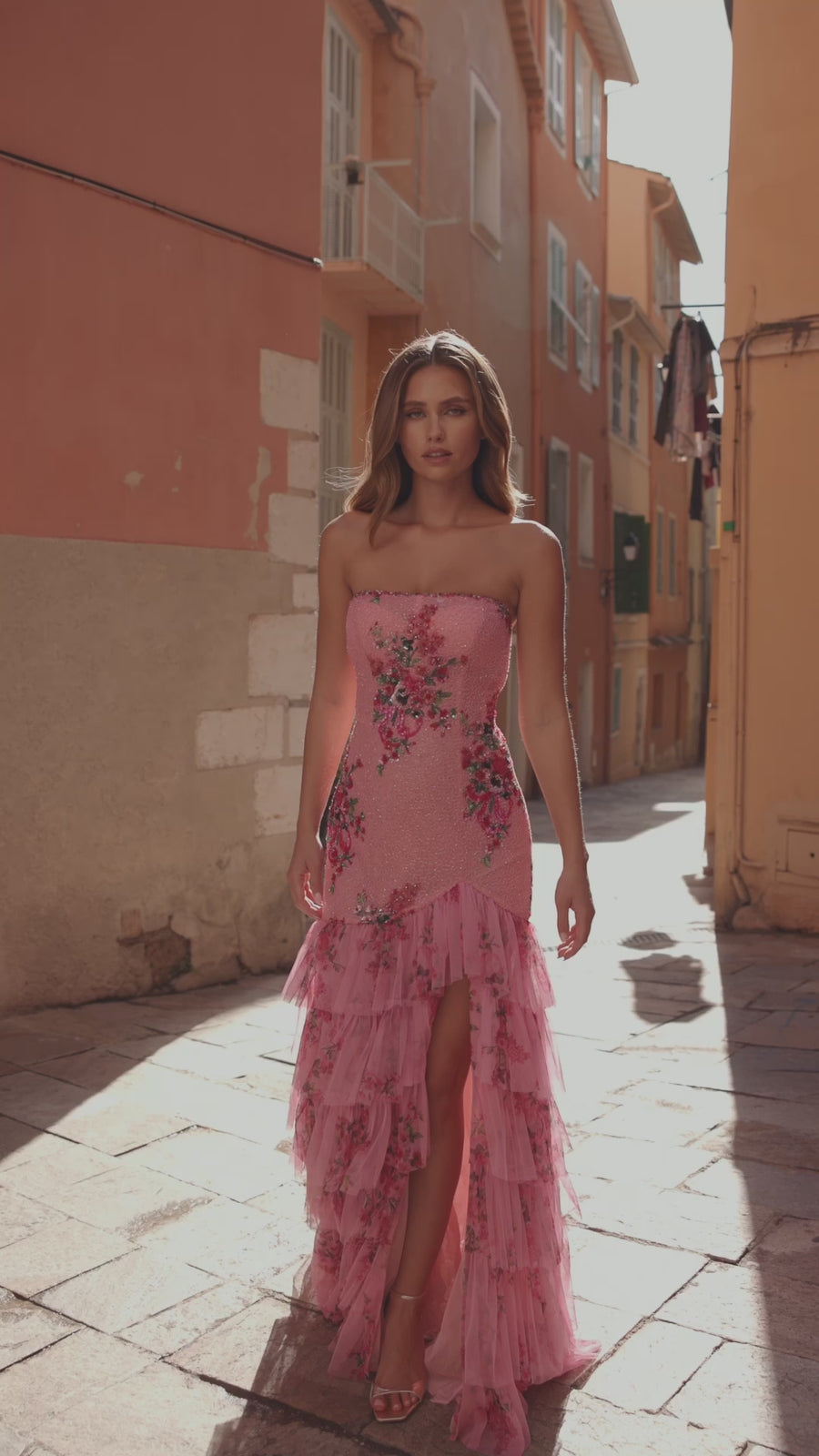 Sherri Hill style 57196 in bright pink, Floral Beaded Strapless Gown