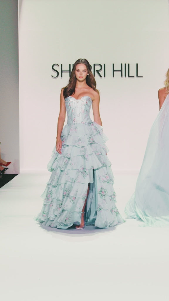 Sherri Hill style 57913 in light pink print/silver, Strapless Floral Ballgown