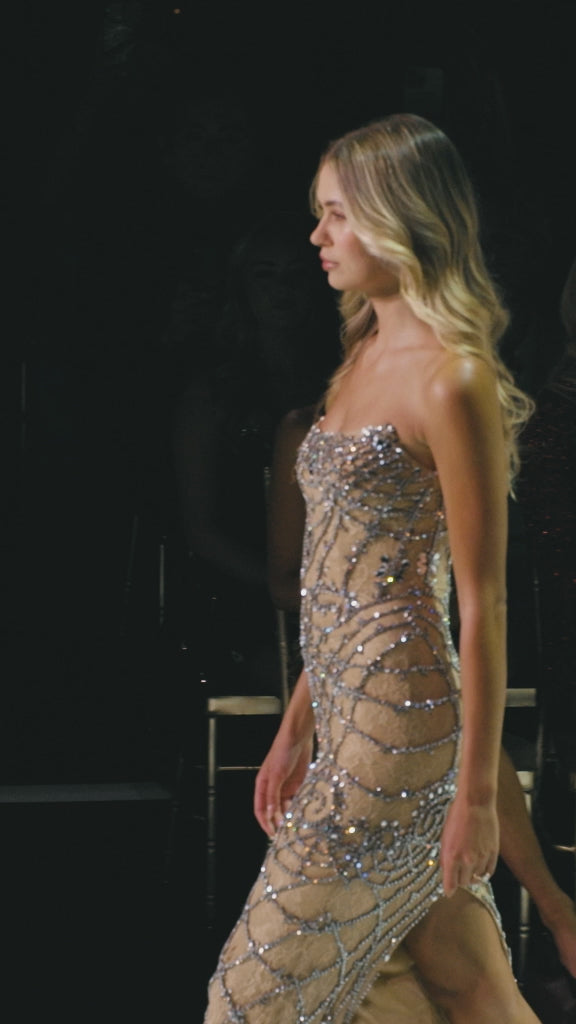 Sherri Hill style 67143 in black/gold, Strapless Fitted Lace Dress