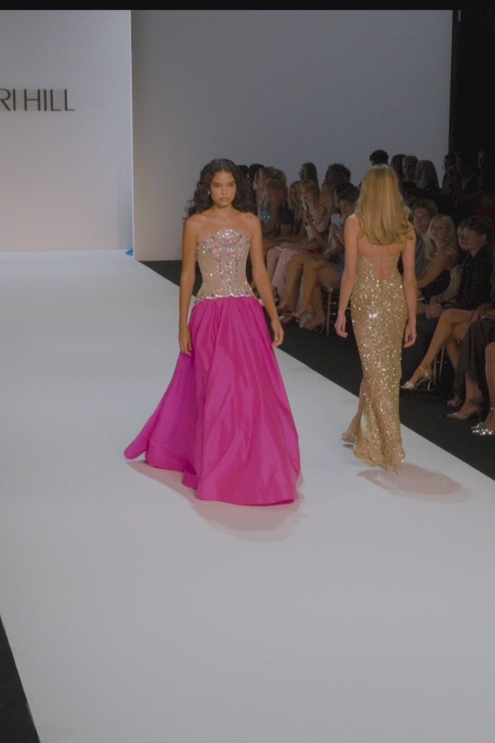 Sherri Hill style 67325 in nude/fuchsia/multi, A-Line Beaded Corset Taffeta Gown