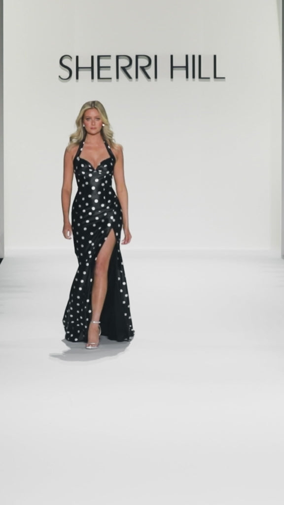 Sherri Hill 57802 fitted stretch polkadot gown video