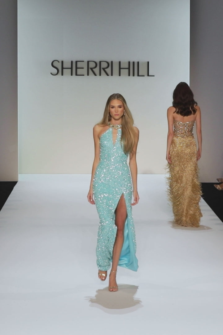 Sherri Hill style 58878 in aqua/gold, Halter Sequin Beaded Gown with Keyhole