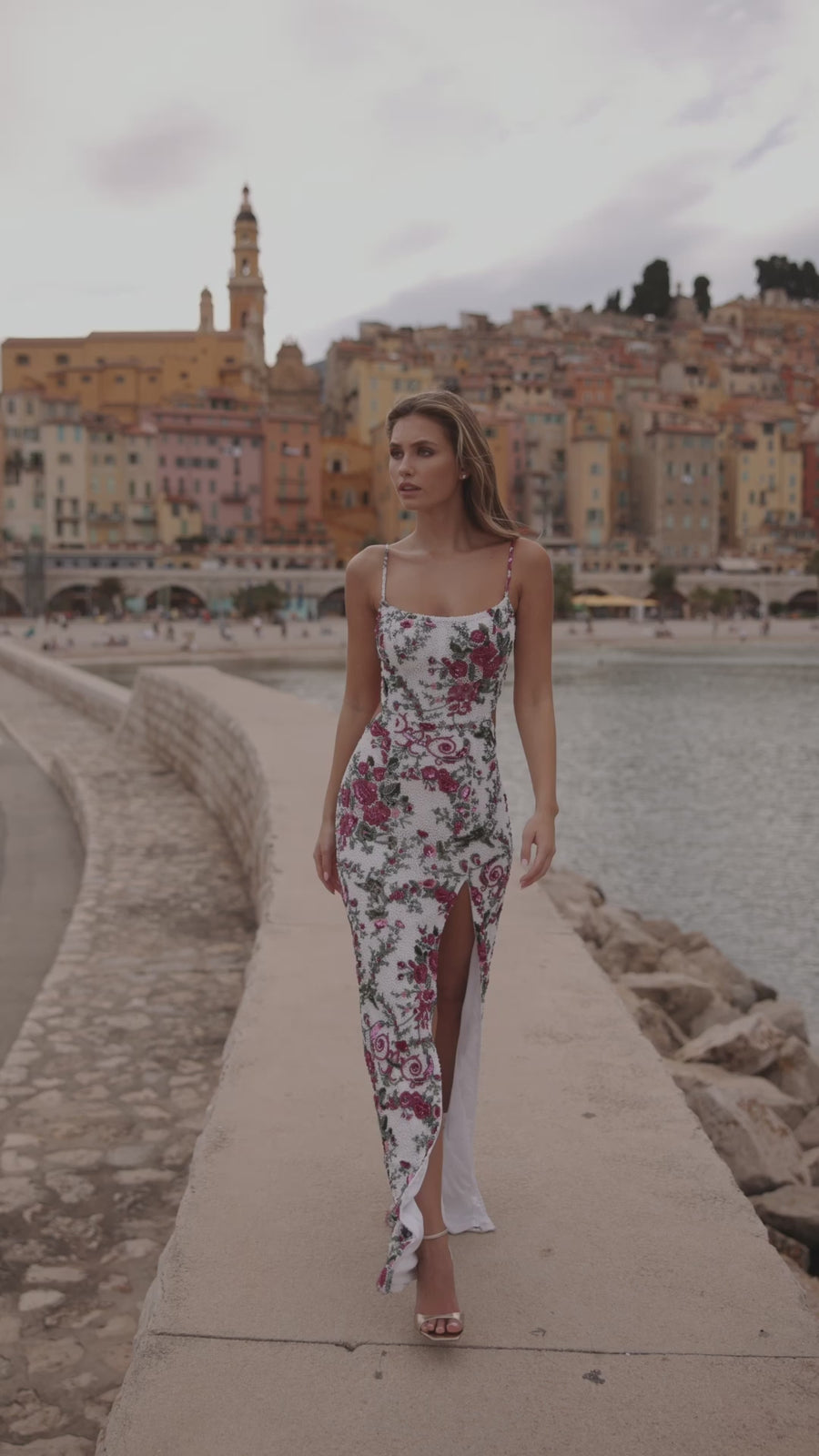 Sherri Hill style 57105 in ivory/fuchsia print, Fully Beaded Floral Print Gown