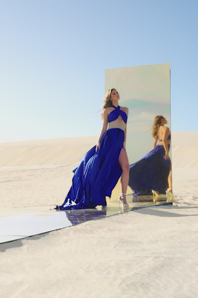 Sherri Hill style 56473 in peacock, Charmeuse Pleated Gown