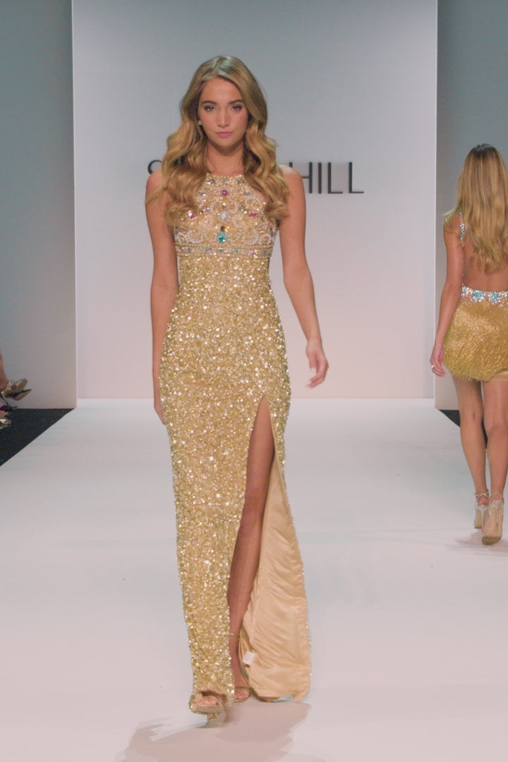 Sherri Hill style 58863 in navy/multi, High Neck Sequin Beaded Fitted Gown