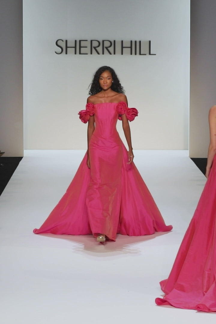 Sherri Hill style 67309 in bright fuchsia, Off-the-Shoulder Corset Gown with Rosettes