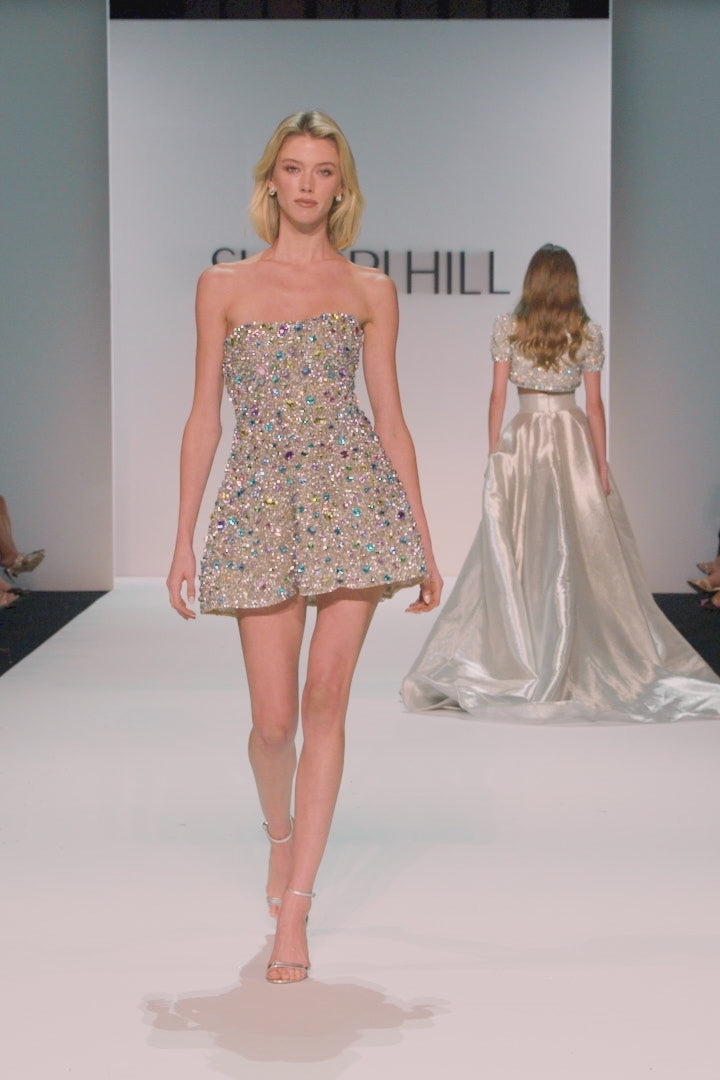 Sherri Hill style 67342 in nude/silver/multi, Fully Beaded Strapless Cocktail Dress