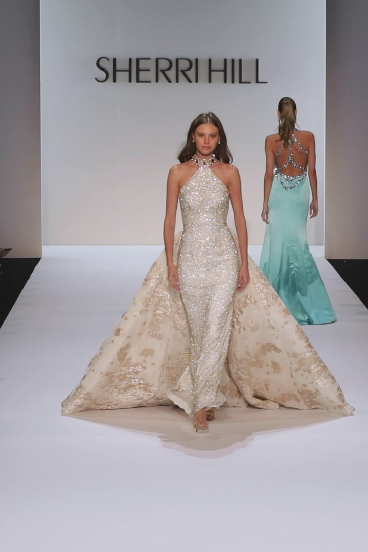 Sherri Hill style 46751 in ivory/gold, High Neck Beaded Couture Overskirt Gown