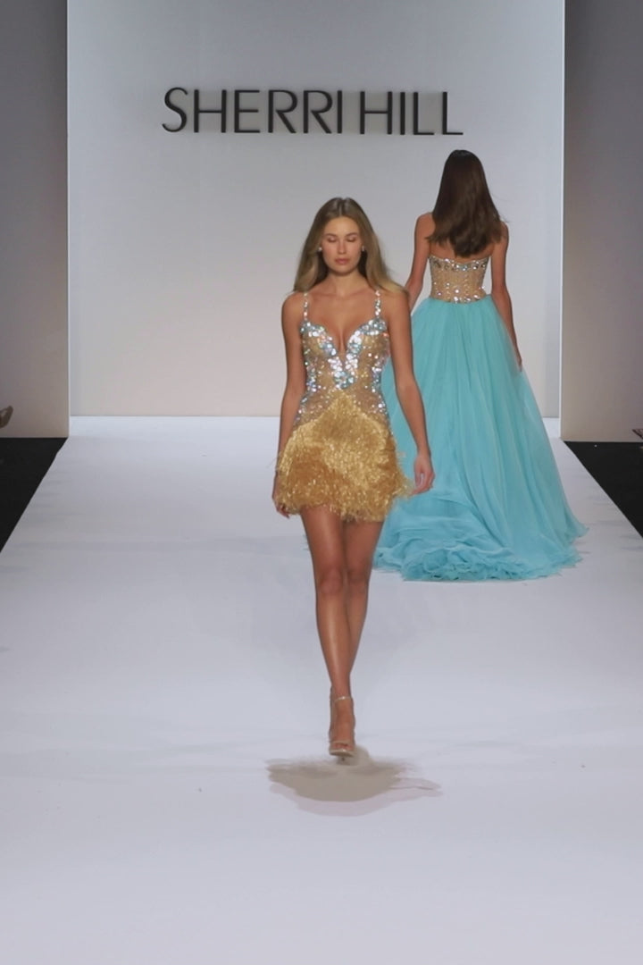 Sherri Hill style 67248 in lilac/multi, Beaded Deep V Fringe Cocktail Dress