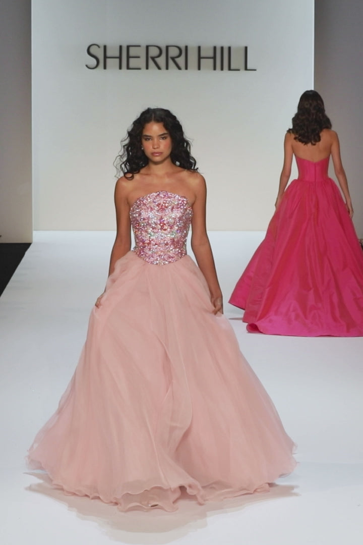 Sherri Hill style 67338 in light pink/multi, Strapless Beaded Chiffon Ballgown