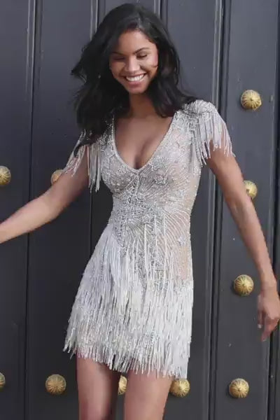 s*a様 House on the Hill umbrella dress Sherri Hill 54417 | Beaded Fringe Cocktail Dress