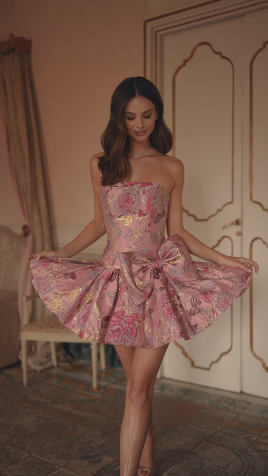 Sherri Hill style 57468 in green/coral print, Strapless Brocade Cocktail Dress