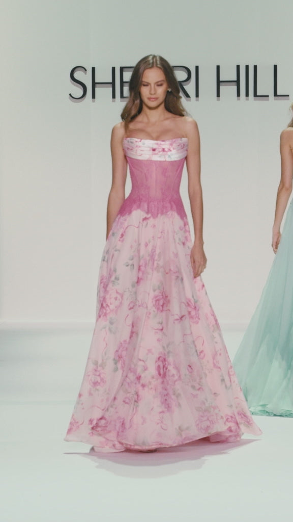 Sherri Hill style 58002 in pink print, Strapless Floral Gown