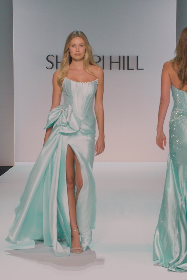Sherri Hill style 58676 in yellow, Strapless Corset Dress with Side Cape