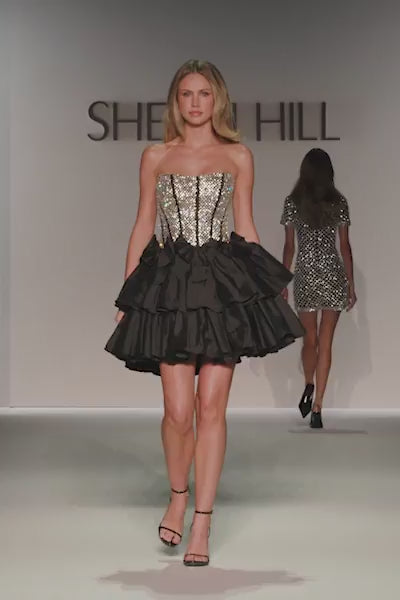 Sherri Hill style 57239 in black/silver, Strapless Beaded Corset Cocktail Gown