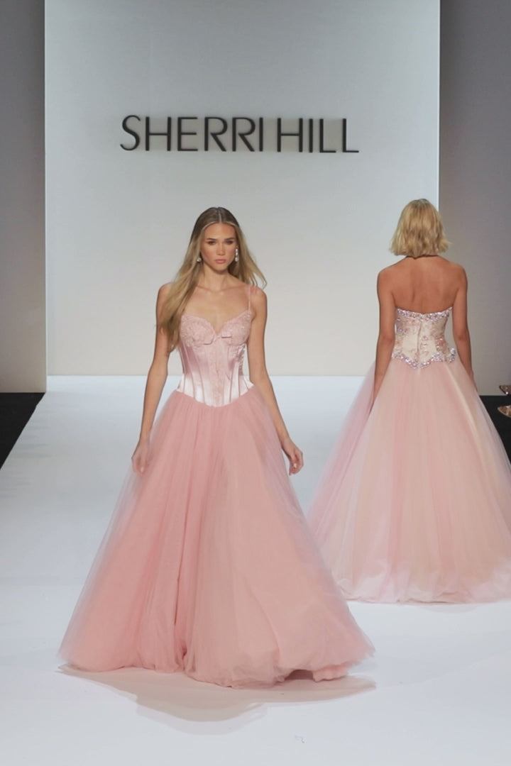 Sherri Hill style 58736 in black, Satin Drop-Waist Corset Tulle Ballgown