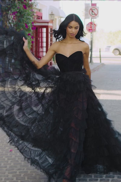 Sherri Hill 55942 bodysuit with ruffle tulle skirt slit video