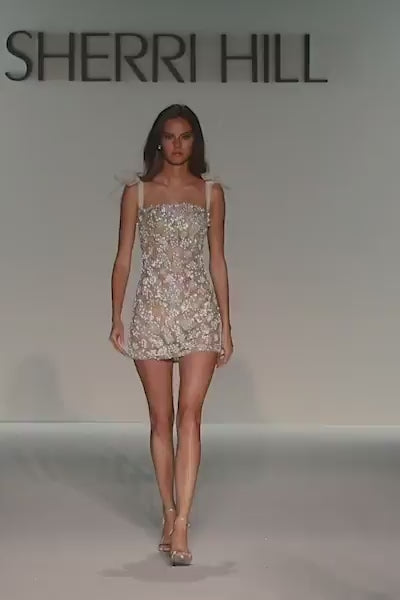 Sherri Hill style 57246 in nude/ivory/silver, Fully Beaded Cocktail Dress