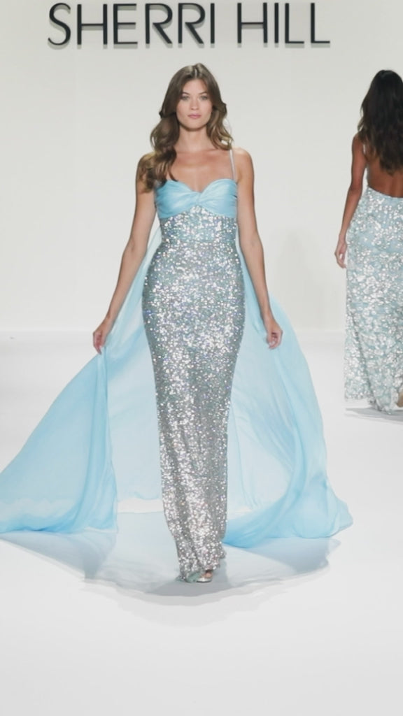 Sherri Hill style 67199 in light blue ombre/ab/silver, Fully Beaded Halter Cocktail Dress
