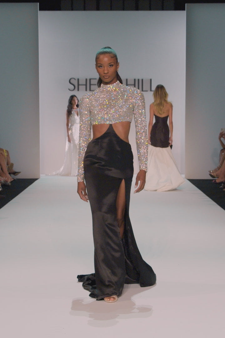Sherri Hill style 46718 in black/white, Long Sleeve Halter Couture Gown