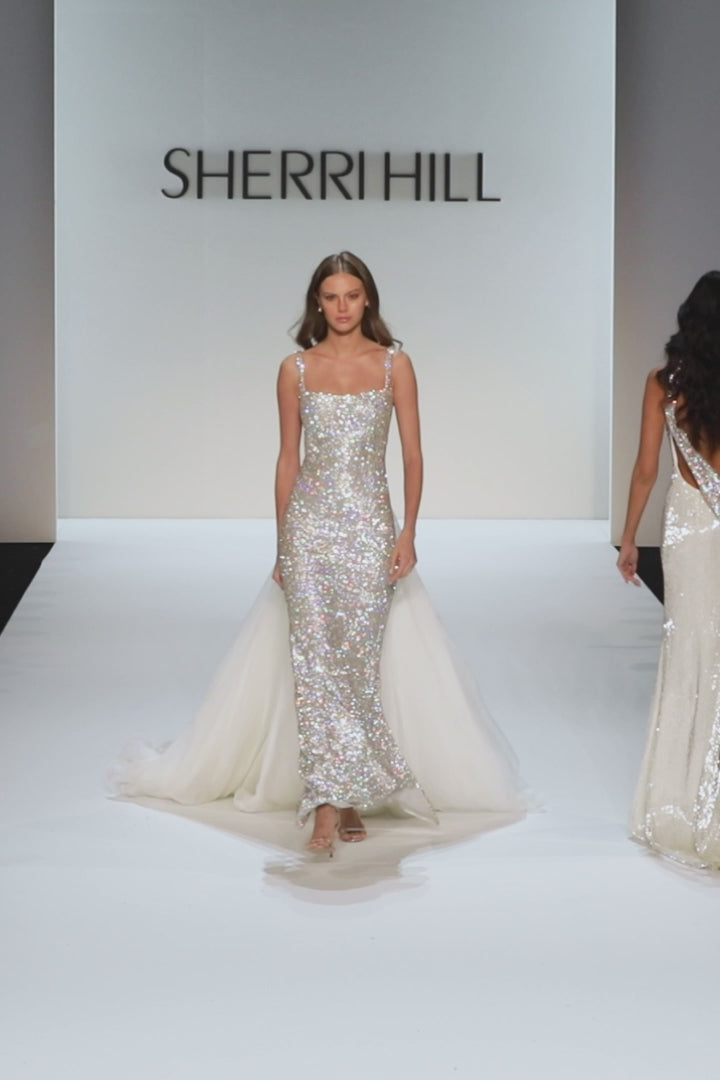 Sherri Hill style 46522v in ivory/black, Fitted Beaded Couture Gown with Organza