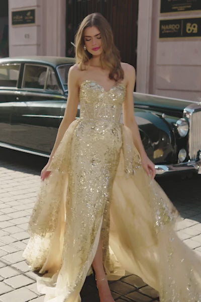 Sherri Hill style 56588 in silver, Strapless Fitted Sequin Lace Gown