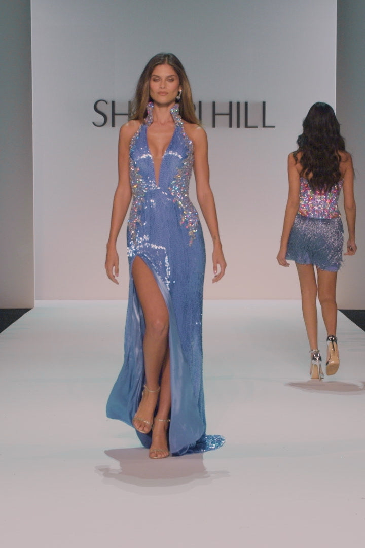 Sherri Hill style 46707 in periwinkle, Fitted Liquid Beaded Couture Gown