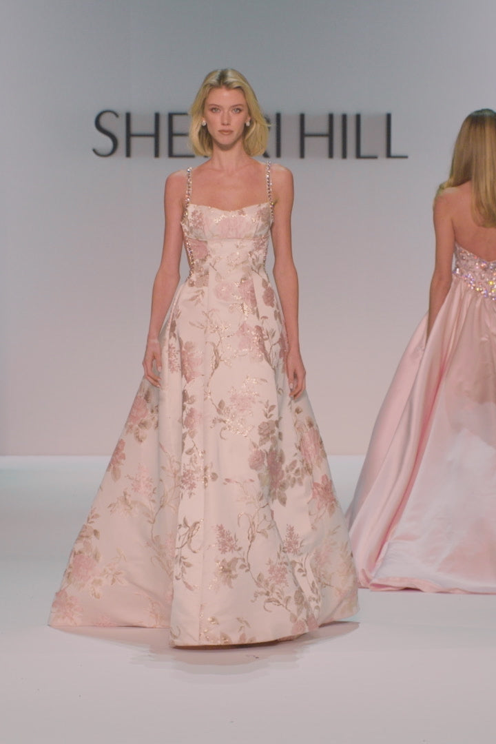 Sherri Hill style 58729 in blush print, A-Line Brocade Gown with Open Back
