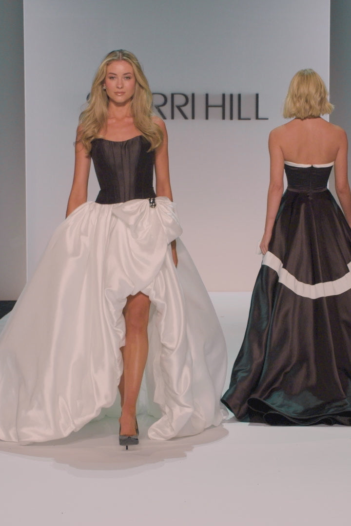 Sherri Hill style 58768 in navy, Strapless Corset Ball Gown with Bow