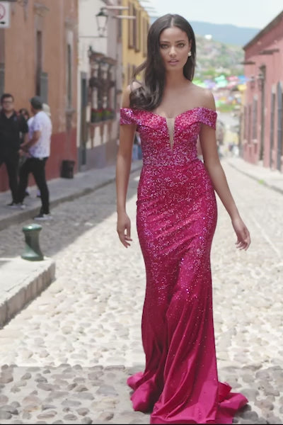 Sherri Hill 55338 fitted off the shoulder hot fix gown video