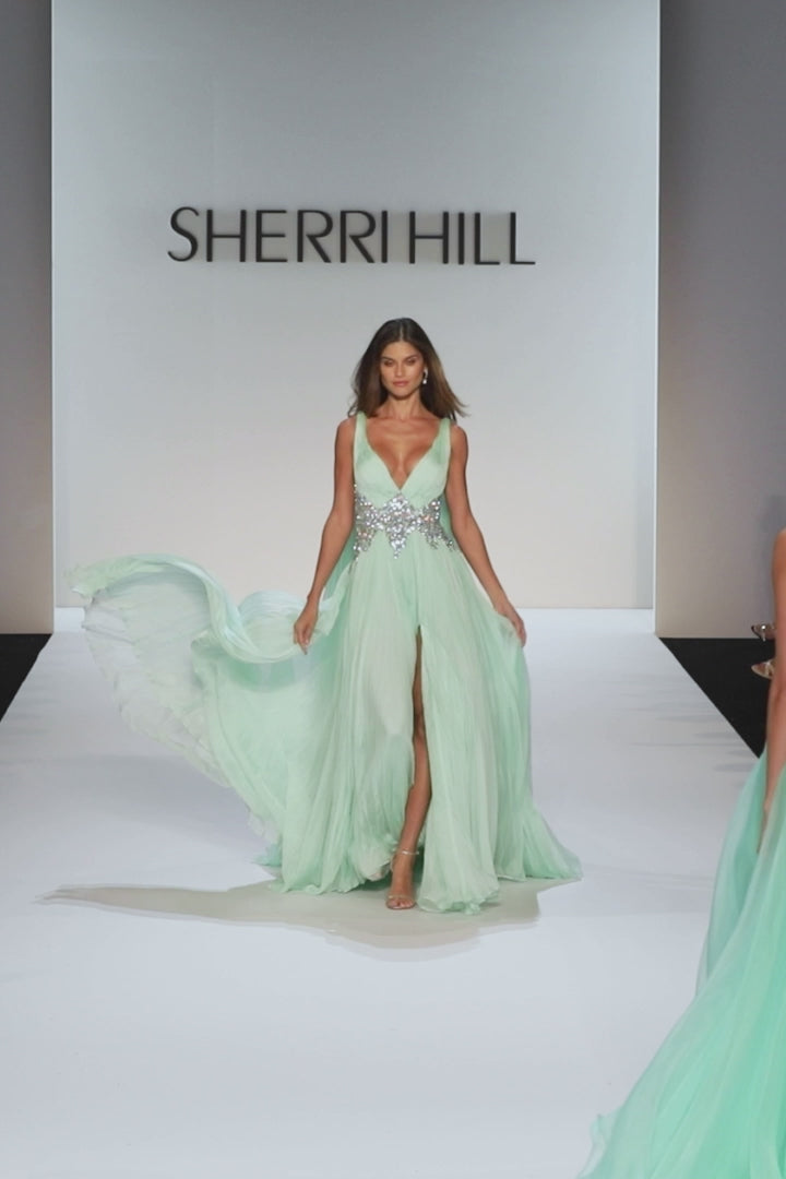 Sherri Hill style 46755 in mint, A-Line Chiffon Couture Gown with Drapes