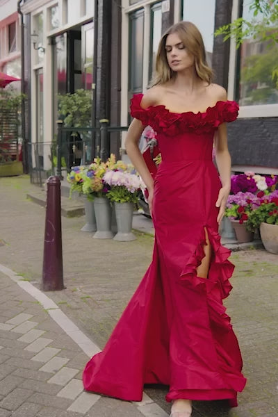Sherri Hill style 56240 in pink, Off-the-shoulder Fitted Taffeta Gown