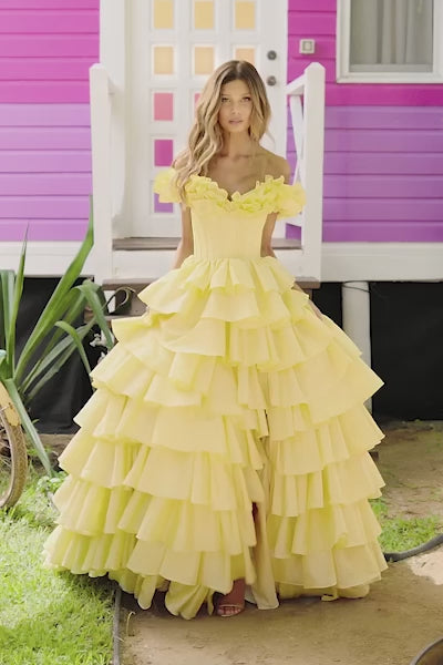 Sherri Hill 56039 taffeta ruffle off the shoulder ball gown video
