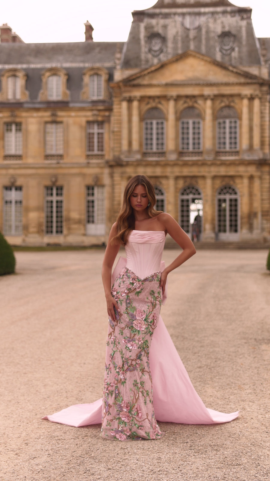 Sherri Hill style 57795 in light pink print, Strapless Beaded Floral Gown