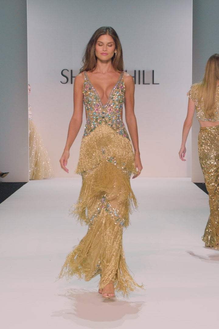 Sherri Hill style 67333 in nude/gold/multi, Fully Beaded Deep V Gown with Fringe Skirt