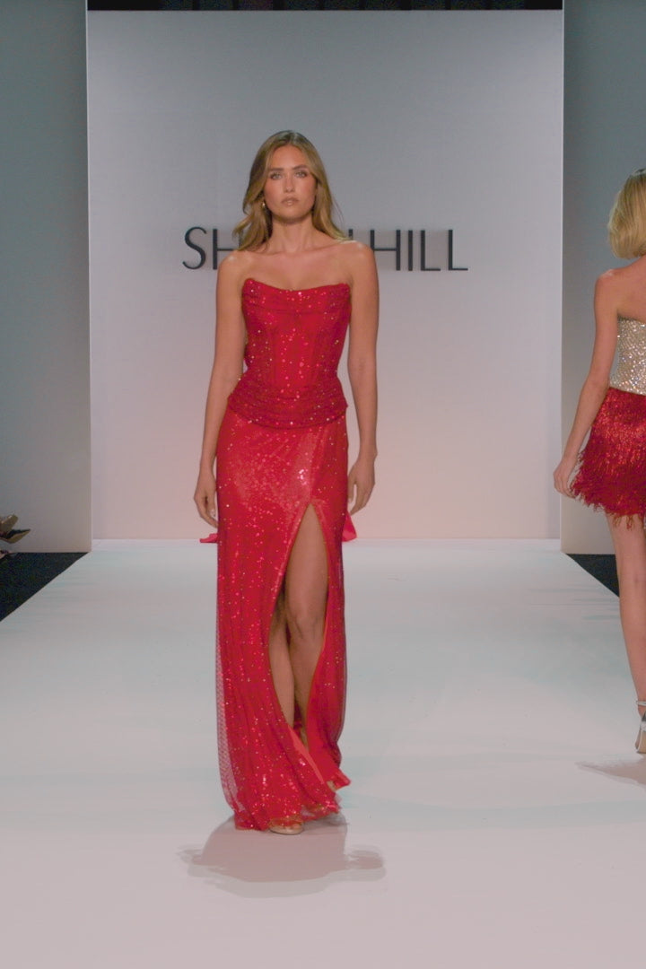 Sherri Hill style 58899 in emerald, Strapless Sparkly Mesh Corset Dress