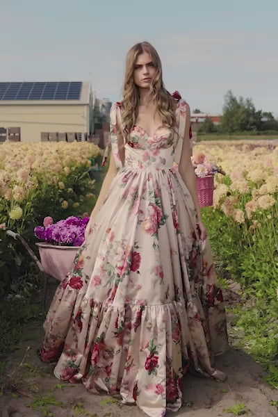 Sherri Hill 56285 | Champagne Floral Print Satin Ball Gown