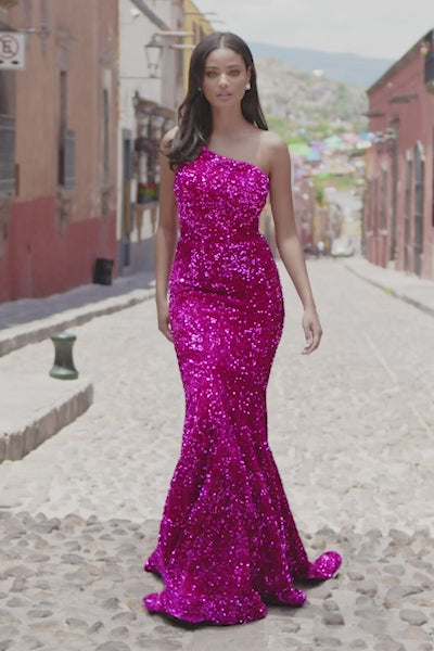 Sherri Hill 55391 one shoulder fitted sequin velvet gown video