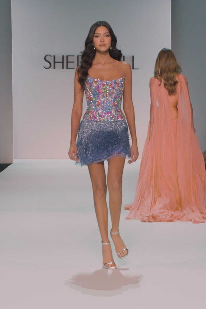 Sherri Hill style 67301 in aqua/gold/ab/zircon/silver, Strapless Beaded Fringe Cocktail Dress