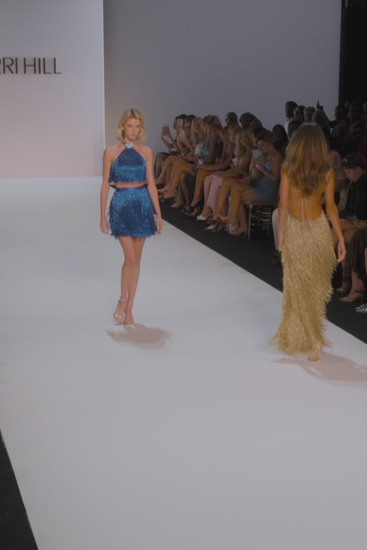 Sherri Hill style 67346 in peacock/aqua/silver/ab, Two-Piece Halter Fringe Cocktail Dress